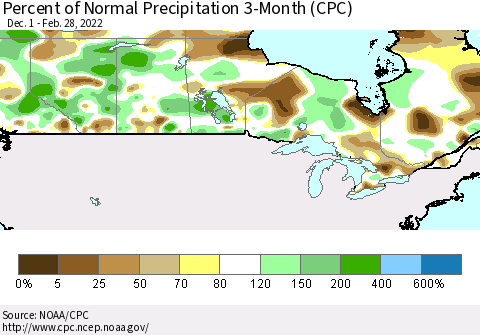 Canada Percent of Normal Precipitation 3-Month (CPC) Thematic Map For 12/1/2021 - 2/28/2022