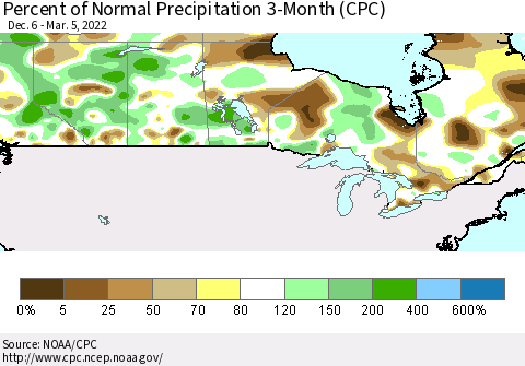 Canada Percent of Normal Precipitation 3-Month (CPC) Thematic Map For 12/6/2021 - 3/5/2022