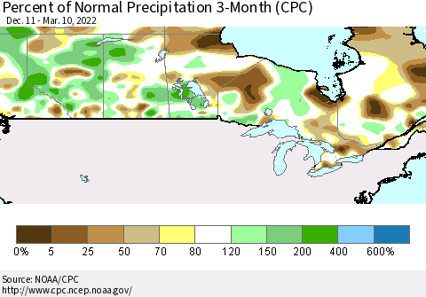 Canada Percent of Normal Precipitation 3-Month (CPC) Thematic Map For 12/11/2021 - 3/10/2022