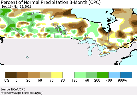 Canada Percent of Normal Precipitation 3-Month (CPC) Thematic Map For 12/16/2021 - 3/15/2022