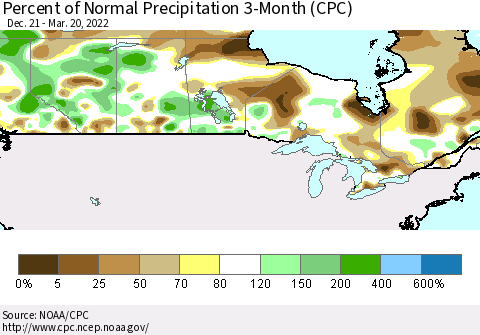 Canada Percent of Normal Precipitation 3-Month (CPC) Thematic Map For 12/21/2021 - 3/20/2022