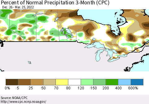 Canada Percent of Normal Precipitation 3-Month (CPC) Thematic Map For 12/26/2021 - 3/25/2022