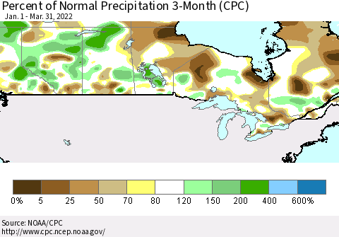 Canada Percent of Normal Precipitation 3-Month (CPC) Thematic Map For 1/1/2022 - 3/31/2022