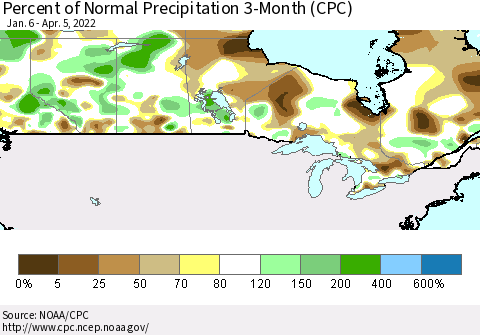 Canada Percent of Normal Precipitation 3-Month (CPC) Thematic Map For 1/6/2022 - 4/5/2022