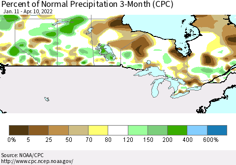 Canada Percent of Normal Precipitation 3-Month (CPC) Thematic Map For 1/11/2022 - 4/10/2022