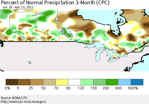 Canada Percent of Normal Precipitation 3-Month (CPC) Thematic Map For 1/16/2022 - 4/15/2022