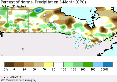 Canada Percent of Normal Precipitation 3-Month (CPC) Thematic Map For 1/21/2022 - 4/20/2022