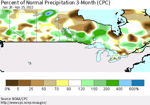 Canada Percent of Normal Precipitation 3-Month (CPC) Thematic Map For 1/26/2022 - 4/25/2022