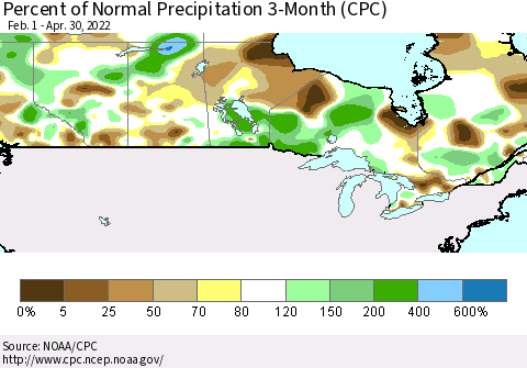 Canada Percent of Normal Precipitation 3-Month (CPC) Thematic Map For 2/1/2022 - 4/30/2022