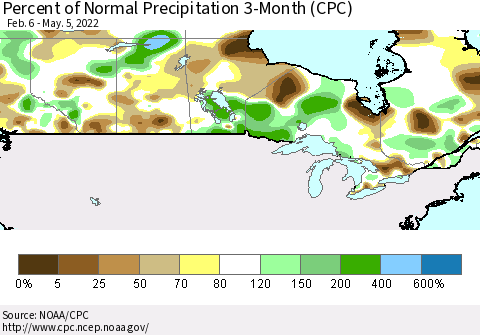 Canada Percent of Normal Precipitation 3-Month (CPC) Thematic Map For 2/6/2022 - 5/5/2022
