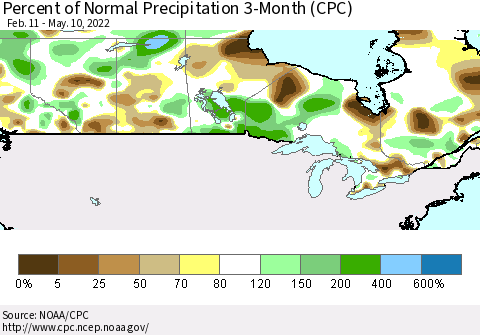 Canada Percent of Normal Precipitation 3-Month (CPC) Thematic Map For 2/11/2022 - 5/10/2022