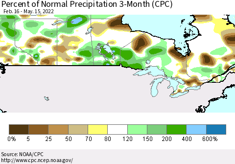 Canada Percent of Normal Precipitation 3-Month (CPC) Thematic Map For 2/16/2022 - 5/15/2022
