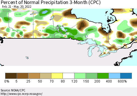 Canada Percent of Normal Precipitation 3-Month (CPC) Thematic Map For 2/21/2022 - 5/20/2022