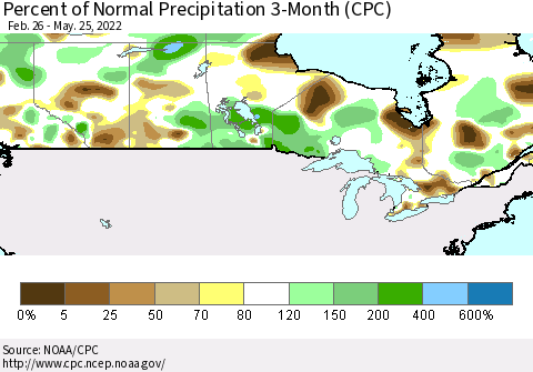 Canada Percent of Normal Precipitation 3-Month (CPC) Thematic Map For 2/26/2022 - 5/25/2022
