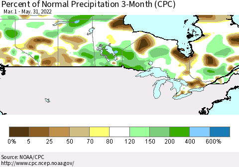 Canada Percent of Normal Precipitation 3-Month (CPC) Thematic Map For 3/1/2022 - 5/31/2022