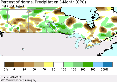 Canada Percent of Normal Precipitation 3-Month (CPC) Thematic Map For 3/6/2022 - 6/5/2022
