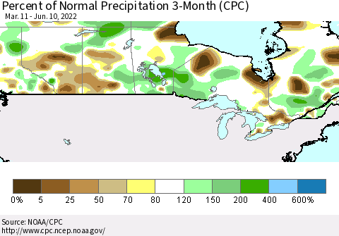 Canada Percent of Normal Precipitation 3-Month (CPC) Thematic Map For 3/11/2022 - 6/10/2022