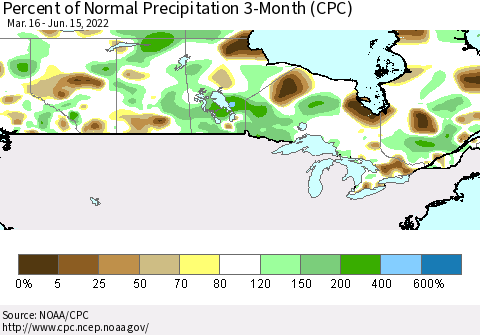 Canada Percent of Normal Precipitation 3-Month (CPC) Thematic Map For 3/16/2022 - 6/15/2022