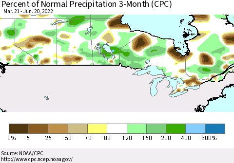 Canada Percent of Normal Precipitation 3-Month (CPC) Thematic Map For 3/21/2022 - 6/20/2022