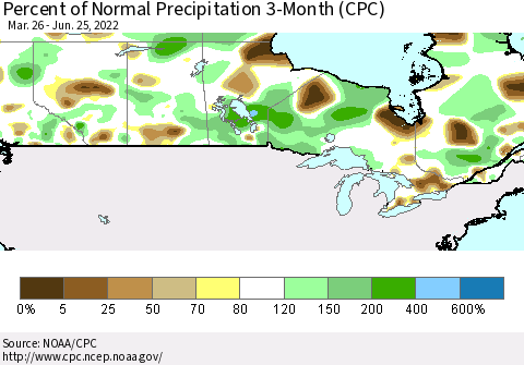 Canada Percent of Normal Precipitation 3-Month (CPC) Thematic Map For 3/26/2022 - 6/25/2022
