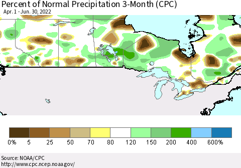 Canada Percent of Normal Precipitation 3-Month (CPC) Thematic Map For 4/1/2022 - 6/30/2022