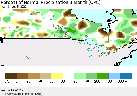Canada Percent of Normal Precipitation 3-Month (CPC) Thematic Map For 4/6/2022 - 7/5/2022