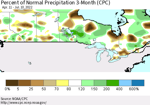 Canada Percent of Normal Precipitation 3-Month (CPC) Thematic Map For 4/11/2022 - 7/10/2022