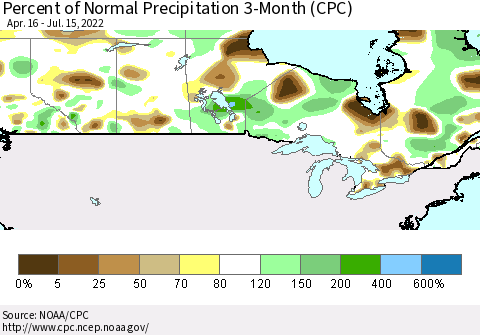Canada Percent of Normal Precipitation 3-Month (CPC) Thematic Map For 4/16/2022 - 7/15/2022