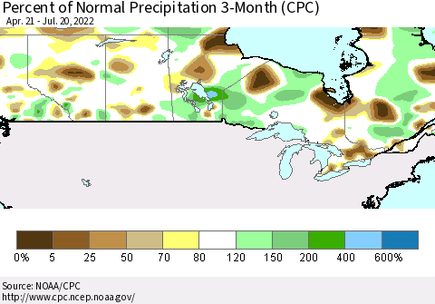 Canada Percent of Normal Precipitation 3-Month (CPC) Thematic Map For 4/21/2022 - 7/20/2022