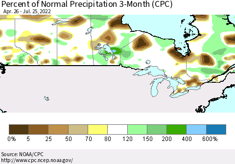 Canada Percent of Normal Precipitation 3-Month (CPC) Thematic Map For 4/26/2022 - 7/25/2022