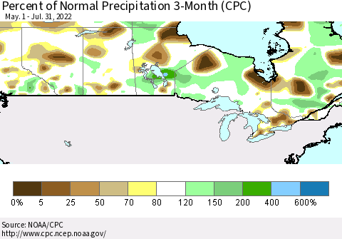 Canada Percent of Normal Precipitation 3-Month (CPC) Thematic Map For 5/1/2022 - 7/31/2022