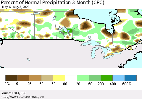 Canada Percent of Normal Precipitation 3-Month (CPC) Thematic Map For 5/6/2022 - 8/5/2022