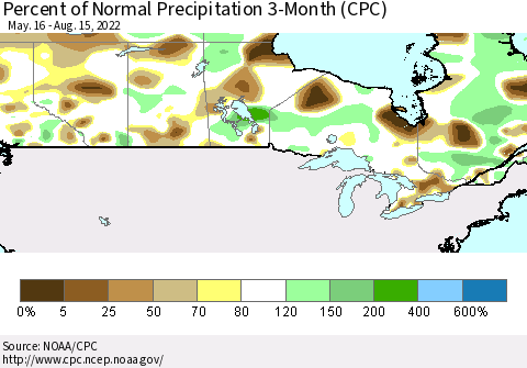 Canada Percent of Normal Precipitation 3-Month (CPC) Thematic Map For 5/16/2022 - 8/15/2022