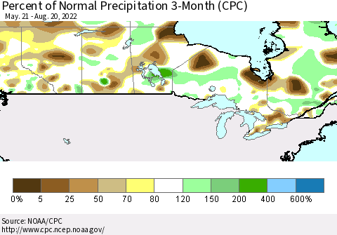 Canada Percent of Normal Precipitation 3-Month (CPC) Thematic Map For 5/21/2022 - 8/20/2022