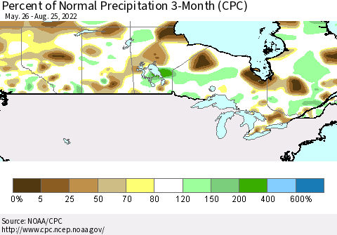 Canada Percent of Normal Precipitation 3-Month (CPC) Thematic Map For 5/26/2022 - 8/25/2022