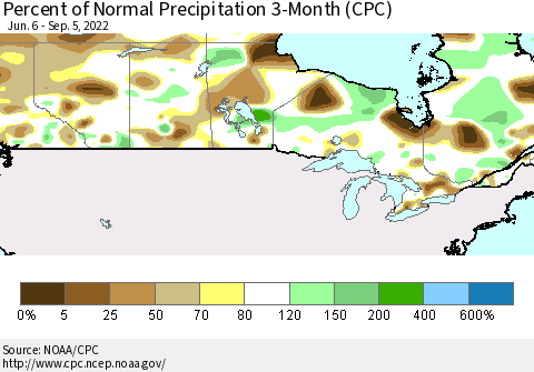 Canada Percent of Normal Precipitation 3-Month (CPC) Thematic Map For 6/6/2022 - 9/5/2022