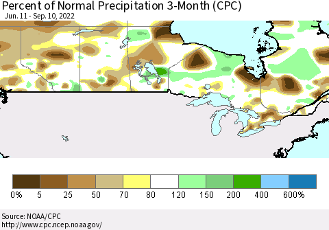 Canada Percent of Normal Precipitation 3-Month (CPC) Thematic Map For 6/11/2022 - 9/10/2022