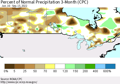 Canada Percent of Normal Precipitation 3-Month (CPC) Thematic Map For 6/16/2022 - 9/15/2022