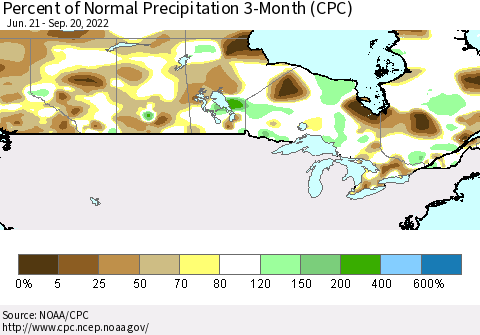 Canada Percent of Normal Precipitation 3-Month (CPC) Thematic Map For 6/21/2022 - 9/20/2022