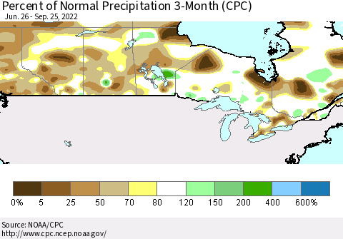 Canada Percent of Normal Precipitation 3-Month (CPC) Thematic Map For 6/26/2022 - 9/25/2022