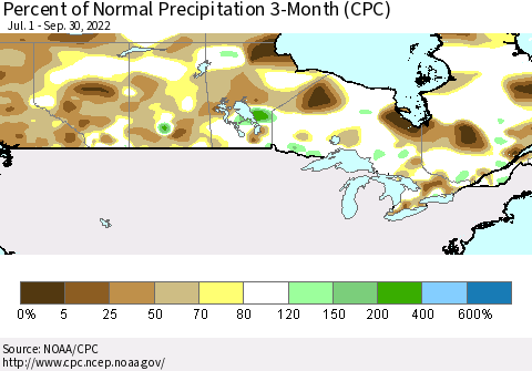 Canada Percent of Normal Precipitation 3-Month (CPC) Thematic Map For 7/1/2022 - 9/30/2022