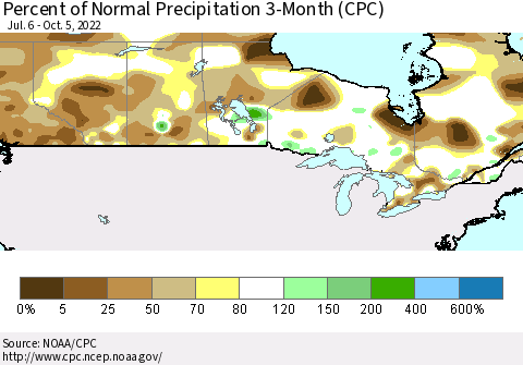 Canada Percent of Normal Precipitation 3-Month (CPC) Thematic Map For 7/6/2022 - 10/5/2022