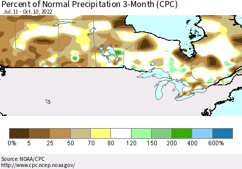Canada Percent of Normal Precipitation 3-Month (CPC) Thematic Map For 7/11/2022 - 10/10/2022