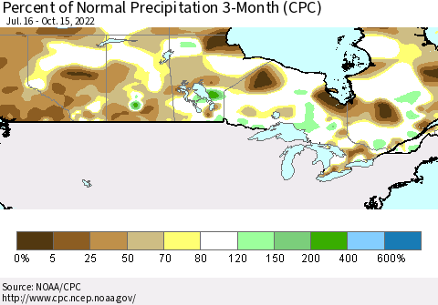 Canada Percent of Normal Precipitation 3-Month (CPC) Thematic Map For 7/16/2022 - 10/15/2022