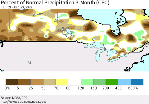 Canada Percent of Normal Precipitation 3-Month (CPC) Thematic Map For 7/21/2022 - 10/20/2022