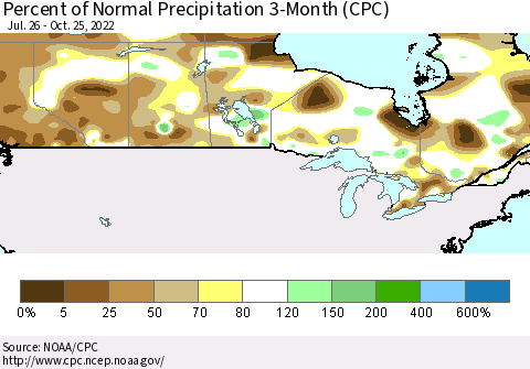 Canada Percent of Normal Precipitation 3-Month (CPC) Thematic Map For 7/26/2022 - 10/25/2022