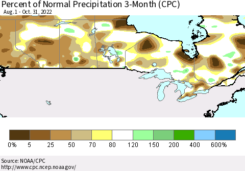 Canada Percent of Normal Precipitation 3-Month (CPC) Thematic Map For 8/1/2022 - 10/31/2022