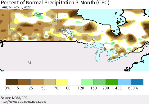 Canada Percent of Normal Precipitation 3-Month (CPC) Thematic Map For 8/6/2022 - 11/5/2022