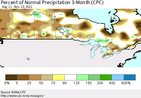 Canada Percent of Normal Precipitation 3-Month (CPC) Thematic Map For 8/11/2022 - 11/10/2022