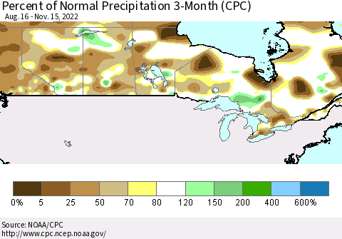 Canada Percent of Normal Precipitation 3-Month (CPC) Thematic Map For 8/16/2022 - 11/15/2022